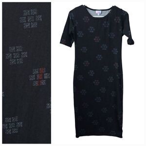 LuLaRoe Julia XS 2/4 Black Abstract Pokeball Knee Length Stretch T-Shirt Dress